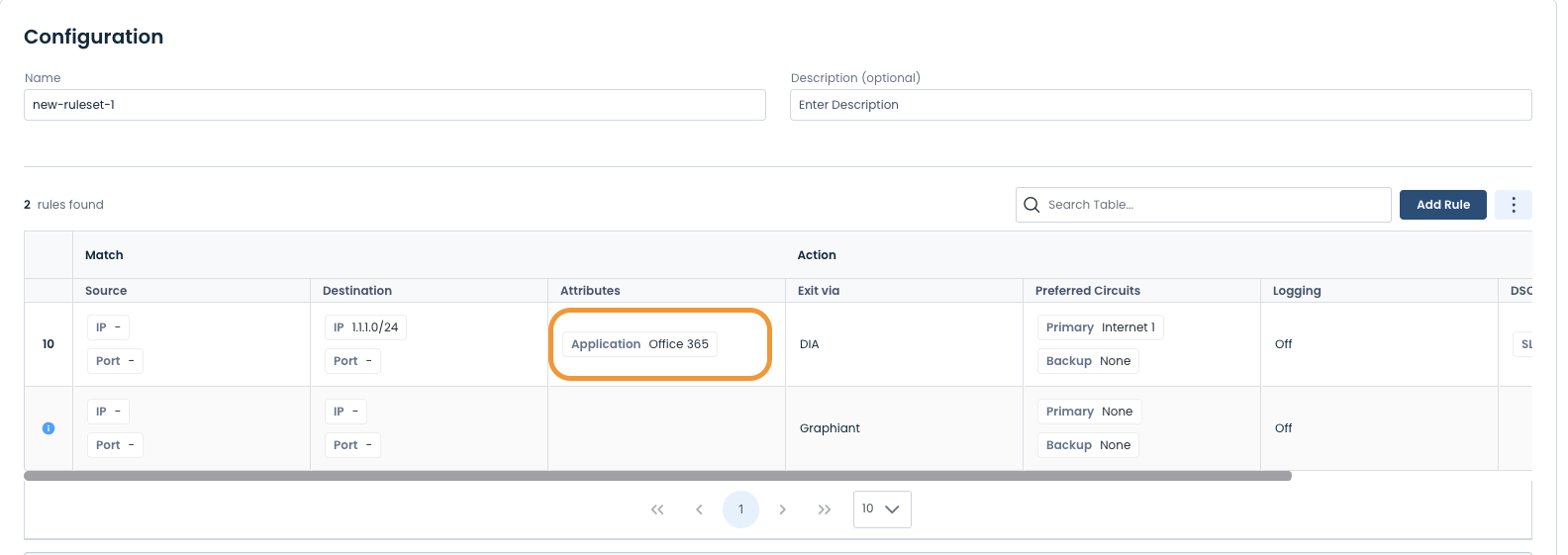 Configuration settings showing rules for IP and port with Office 365 application highlighted.